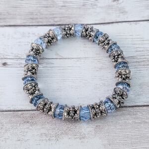 Vintage Stretch Bracelet Blue Beads & Dark Silver Tone/Grey Metal